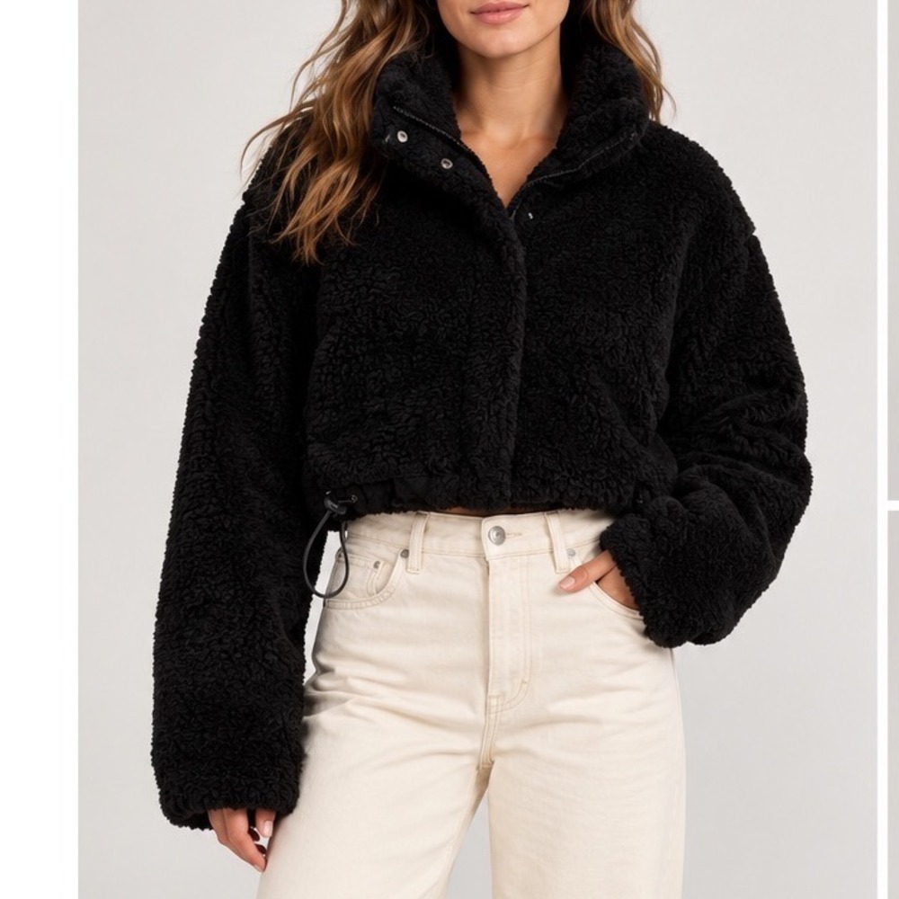 Love Tree Puffer Jacket Womens Large Black Teddy Fleece Cropped Full Zip Cozy